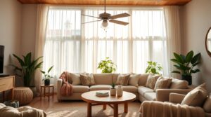 Cozy living room with a wooden ceiling fan, soft natural light pouring through large windows with white curtains.