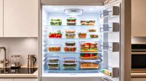 Open refrigerator with glass shelves and crisp white interior, filled with neatly organized clear meal prep containers of various sizes, each containing a vibrant and healthy meal.