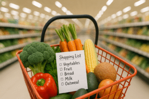 Grocery shopping basket with fresh vegetables and whole foods, shopping list visible.