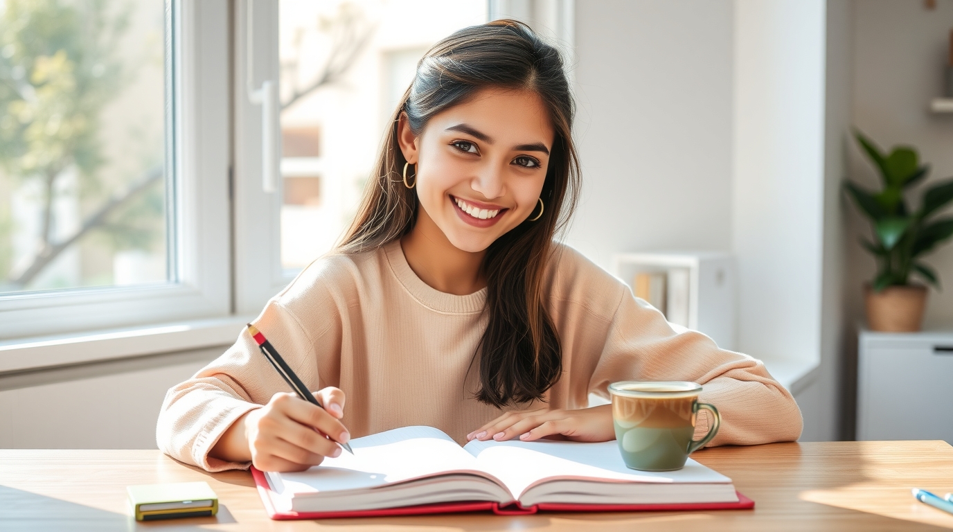 Person writing in journal or planner with coffee cup, planning and organizing finances.