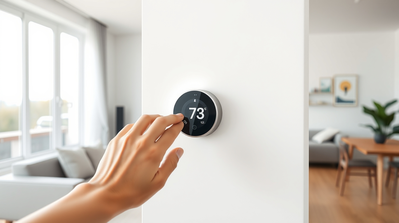 Modern smart thermostat mounted on a crisp white wall in a clean and minimalist home interior.