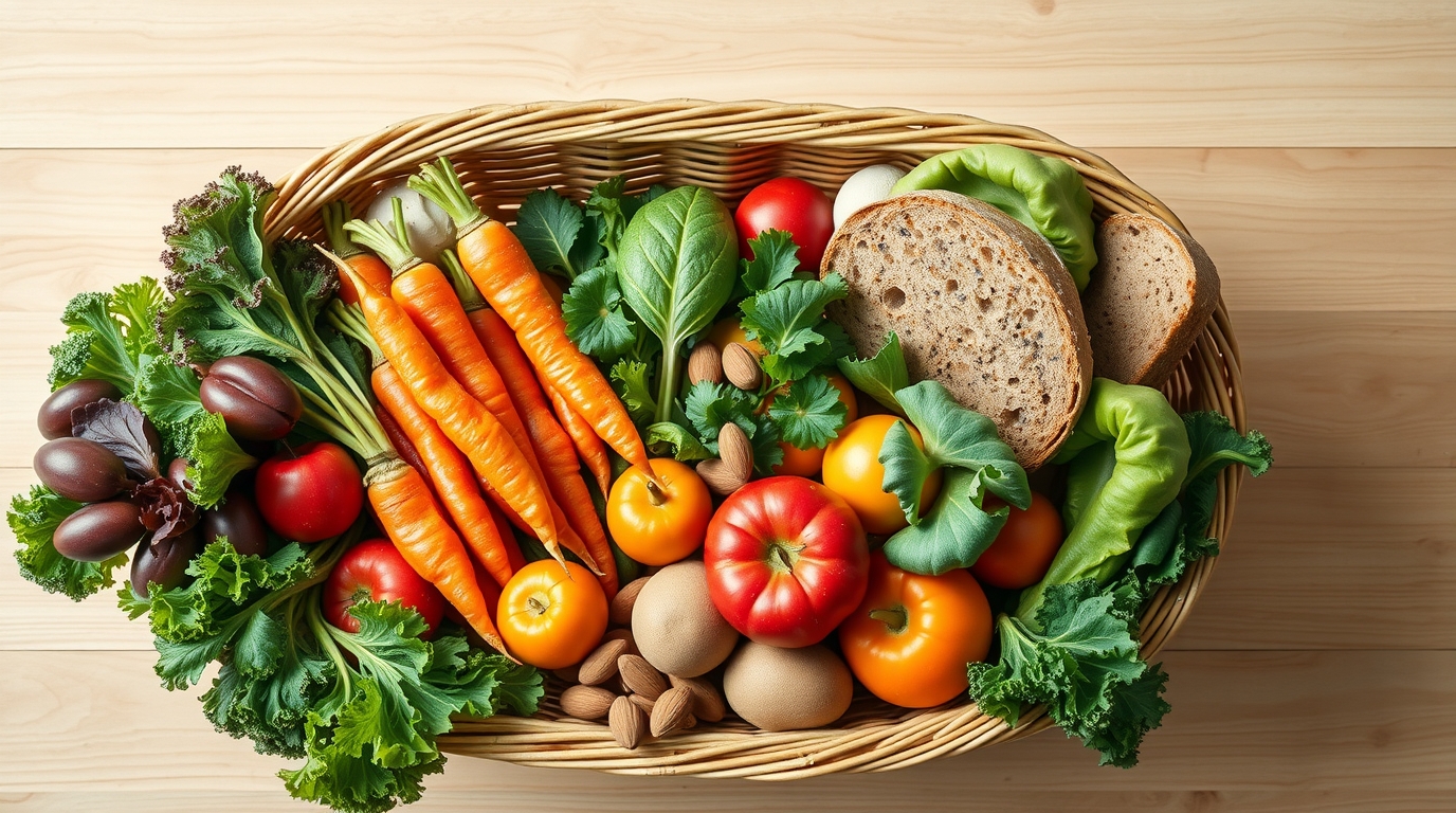 Overhead view of a wicker grocery shopping basket filled with an assortment of fresh vibrant vegetables.