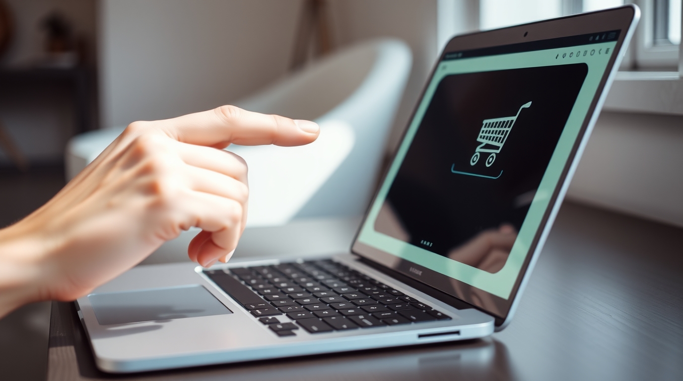Person's hand hovering over laptop keyboard with online shopping cart on screen, finger about to click but pausing.