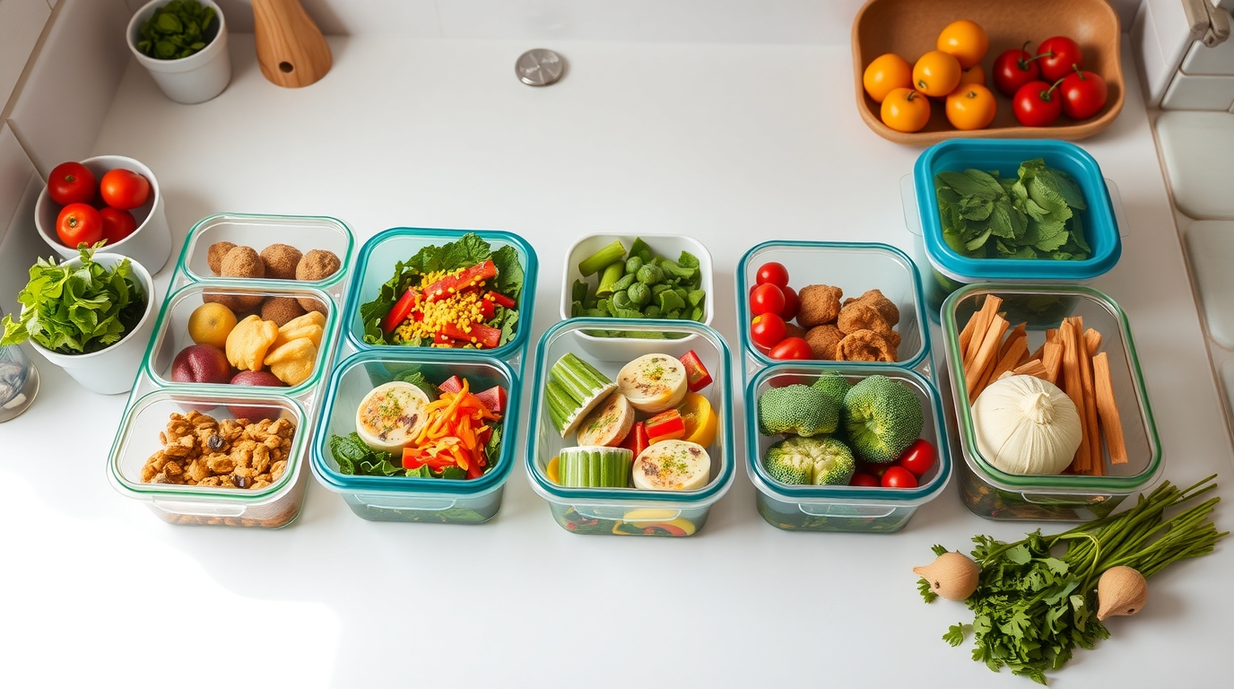 Clean kitchen countertop with organized meal prep containers filled with colorful healthy food.