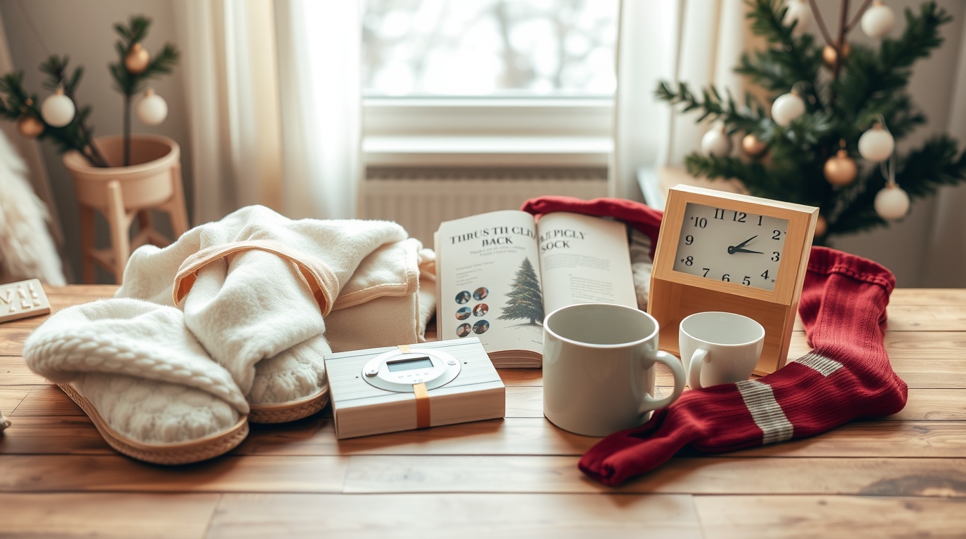 A cozy winter scene featuring thoughtful, practical gifts for seniors arranged neatly on a wooden table.