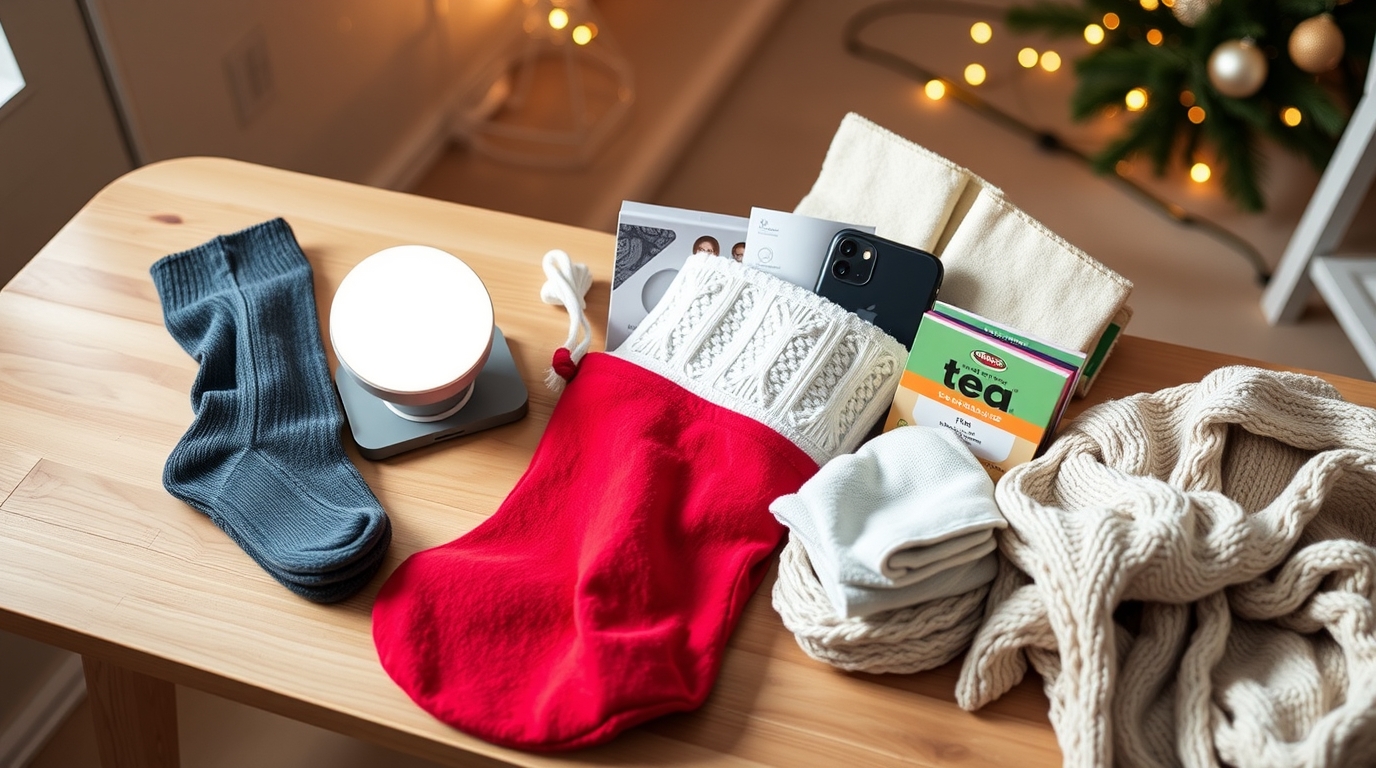 Soft, warm lifestyle photography of a cozy holiday stocking scene on a wooden table.