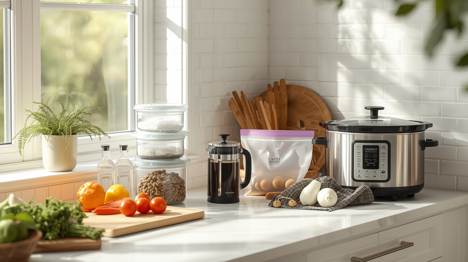 Budget-friendly kitchen products on white counter including French press, slow cooker, glass storage containers, reusable silicone bags, and fresh vegetables in bright modern Canadian kitchen